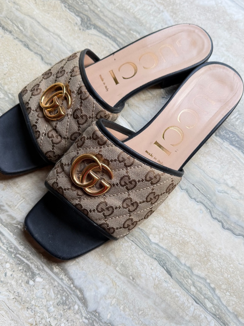 Gucci Brown GG Canvas Slide Mules with Gold Double G - Picture 2 of 7